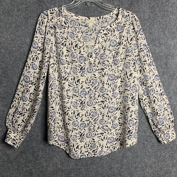 Hinge Airy Top Viscose Floral Women S Long Sleeve Pullover Notch V Neckline - Picture 2 of 13